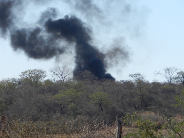 Uma grande cortina de fumaça avança em direção a rodovia.